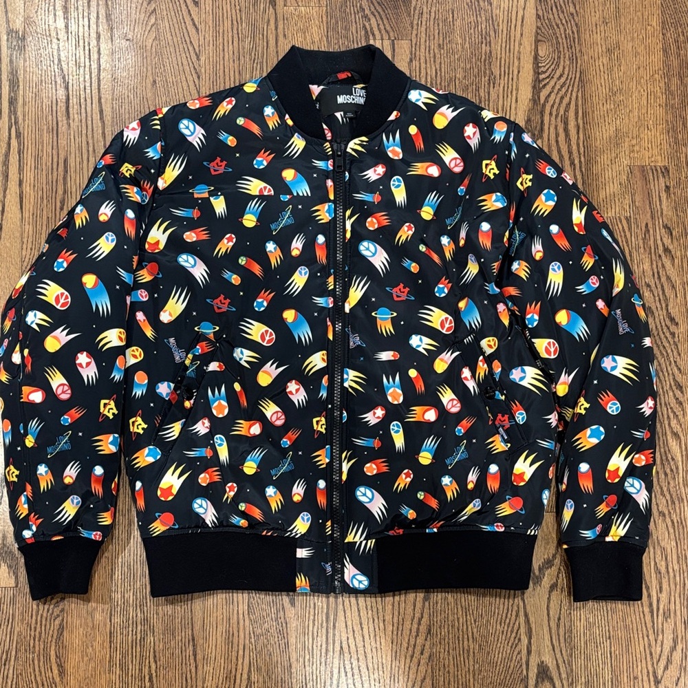 Love Moschino Black Jacket with Yellow and Red Rocket Print